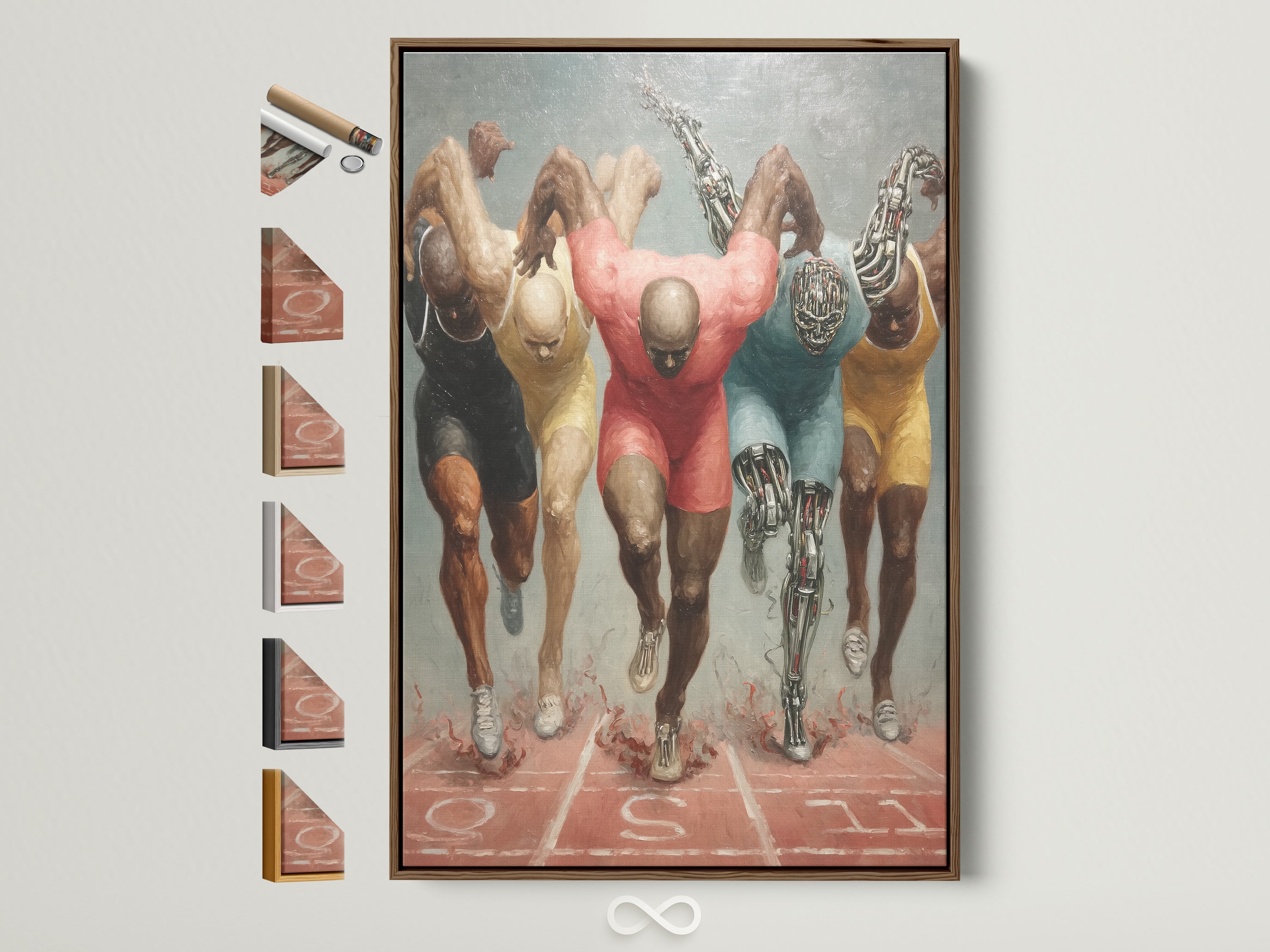 Framed running athletes artwork with a brown frame. See all frame options available. This sports wall decor is ideal for a home gym or office. The artwork shows runners with robotic enhancements sprinting on a track. The frame complements the contemporary style.
