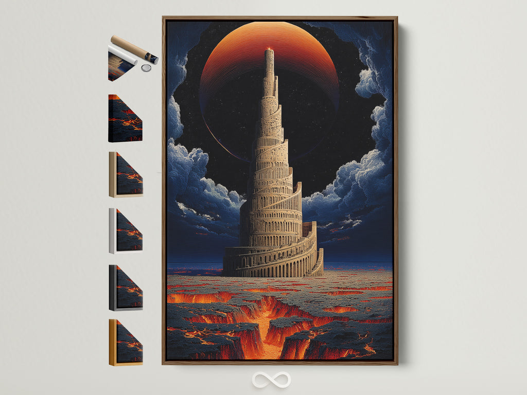 A framed Tower of Babel art print is displayed. The artwork features a surreal fantasy landscape with dramatic sky art. See all frame options available. Choose the perfect frame to complement your biblical art print and gothic themed interiors.