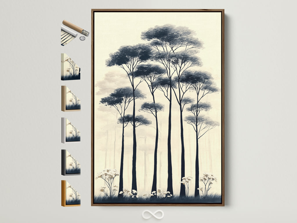 Elevate your space with forest trees canvas art. This minimalist nature artwork features a neutral tone botanical print. It's showcased in a brown frame here with all frame options displayed. Perfect Scandi decor for hallway wall art. Bring tranquil art to your home today.