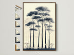 Elevate your space with forest trees canvas art. This minimalist nature artwork features a neutral tone botanical print. It's showcased in a brown frame here with all frame options displayed. Perfect Scandi decor for hallway wall art. Bring tranquil art to your home today.