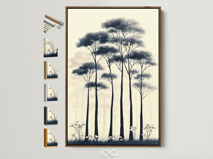 Elevate your space with forest trees canvas art. This minimalist nature artwork features a neutral tone botanical print. It's showcased in a brown frame here with all frame options displayed. Perfect Scandi decor for hallway wall art. Bring tranquil art to your home today.