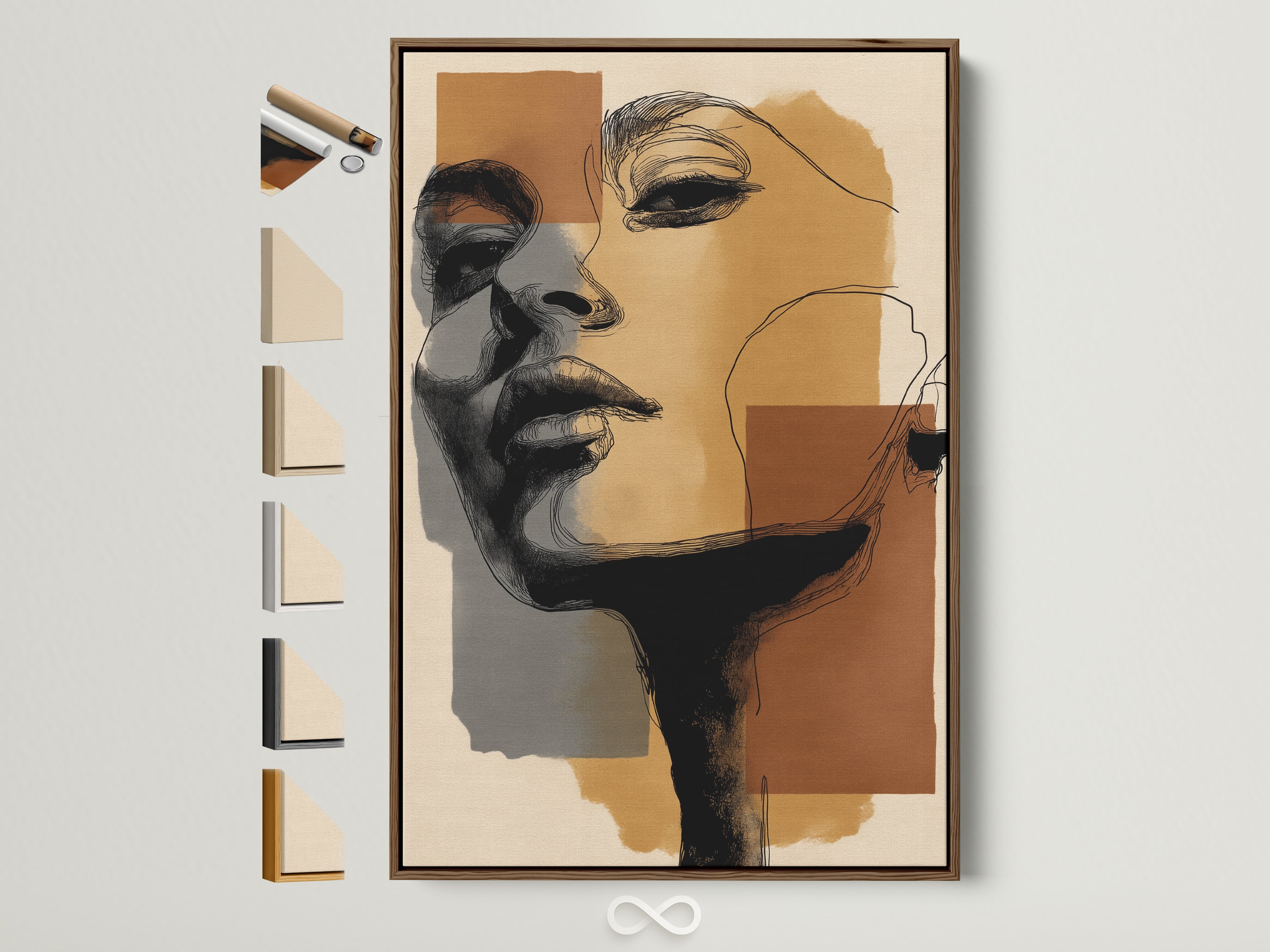 Abstract Portrait Canvas Print in a brown frame. Explore modern figurative wall art for your home. This minimalist face drawing adds elegance to any space. See frame options displayed.