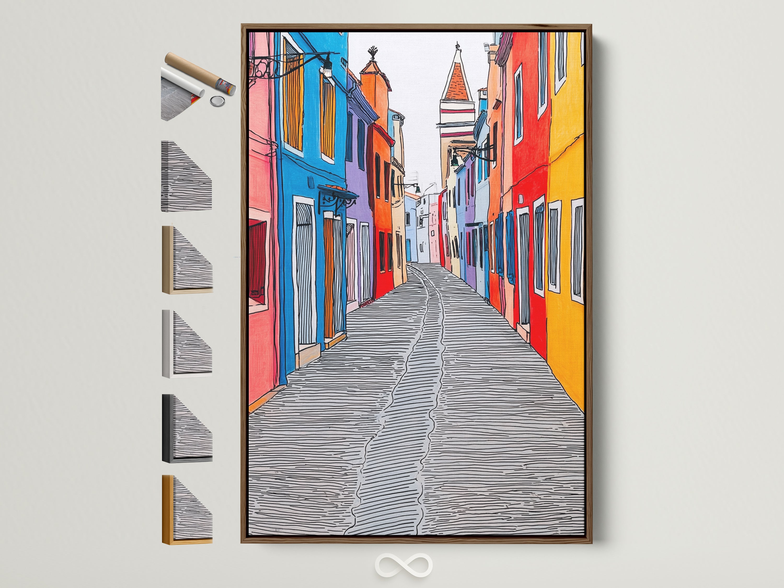 Burano Italy artwork in a brown frame. This colorful Italian architecture wall art brings European travel vibes to your office decor. The frame options are displayed offering a custom look.