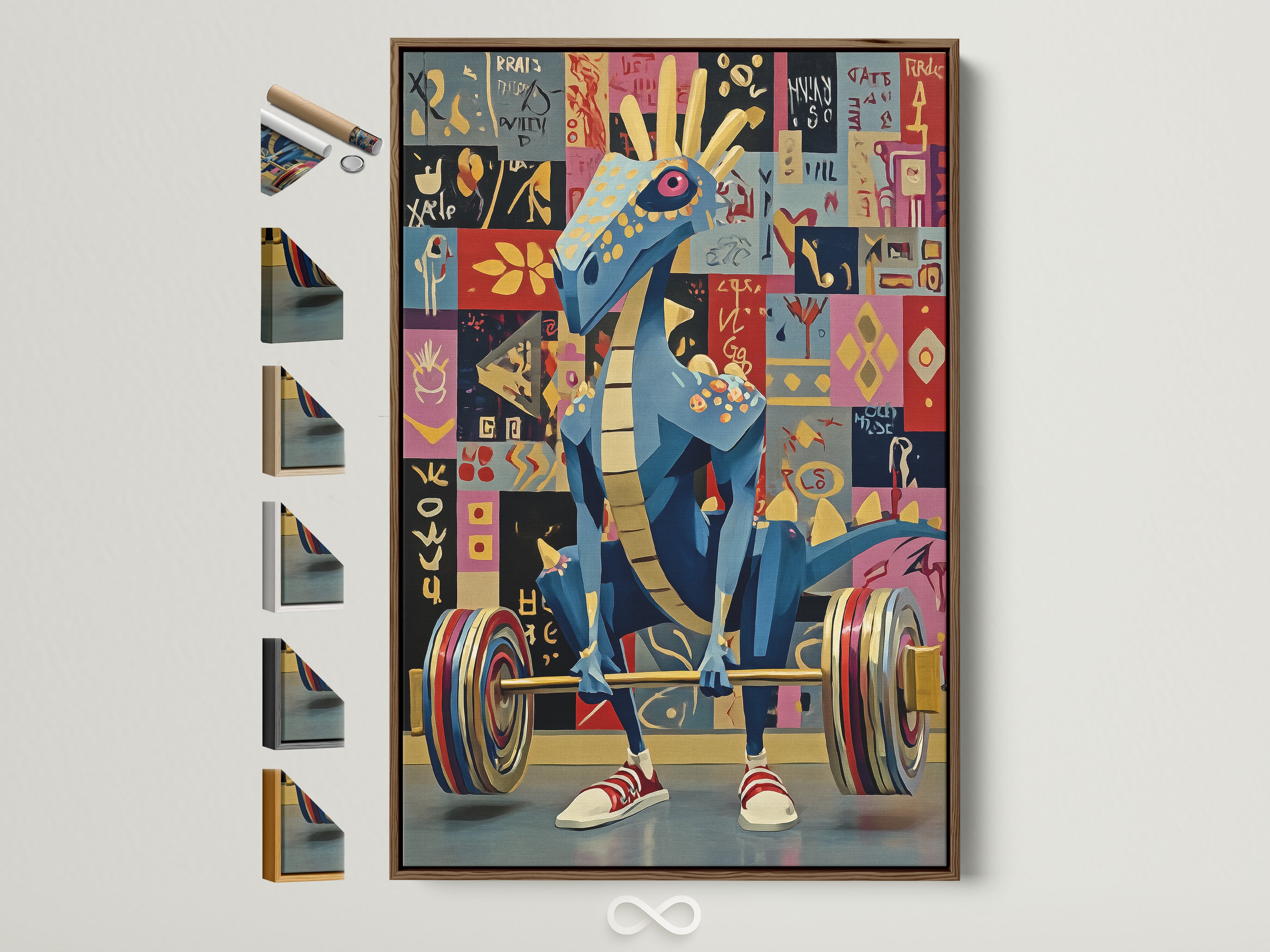 Weightlifting dragon artwork in a brown frame. This playful pop art features a blue dragon lifting weights. Frame options are displayed. Perfect gym wall art for fitness enthusiasts and home gym decor. Add a unique and colorful touch to your workout space with this funny artwork.