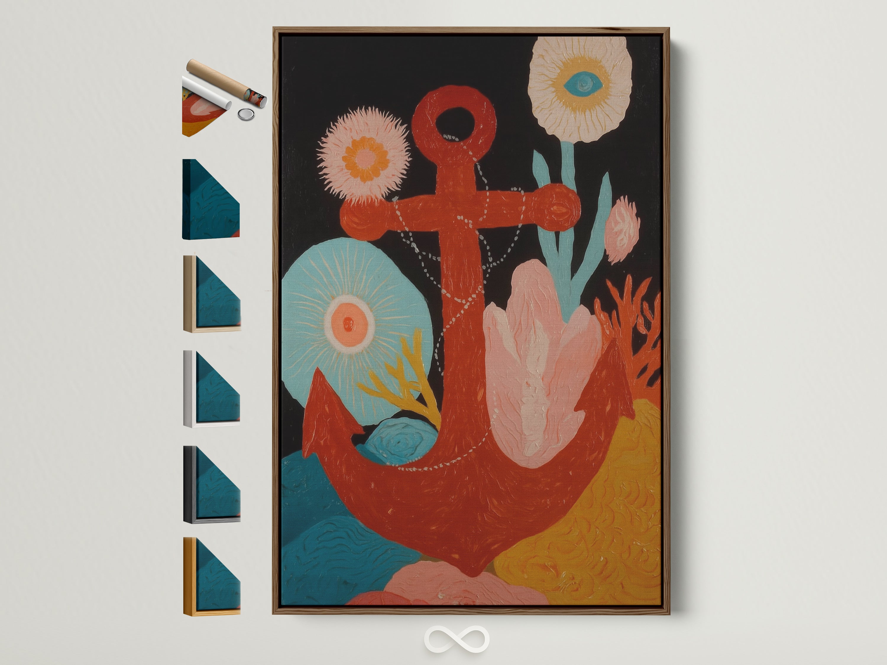 Nautical Anchor Artwork in a Brown Frame. The artwork features a vibrant red anchor surrounded by colorful sea flora. Perfect boho coastal wall art. Enhance your home office decor with this ocean theme print. Multiple frame options are displayed to the side.