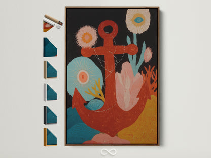 Nautical Anchor Artwork in a Brown Frame. The artwork features a vibrant red anchor surrounded by colorful sea flora. Perfect boho coastal wall art. Enhance your home office decor with this ocean theme print. Multiple frame options are displayed to the side.