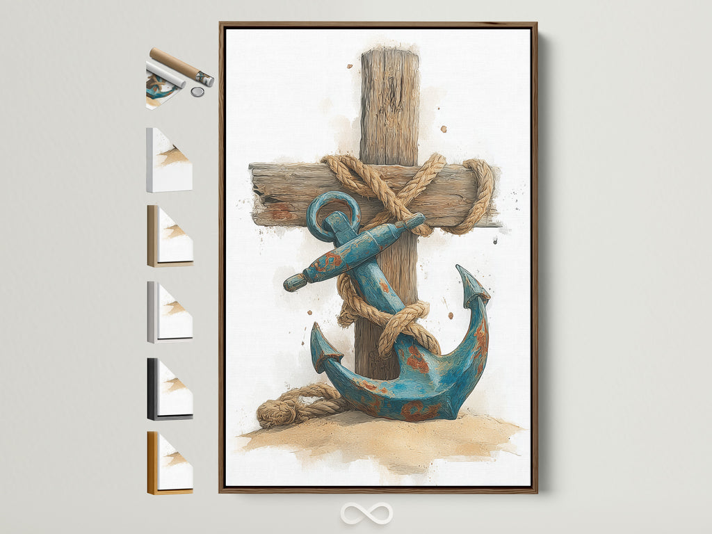 A framed art print hangs on a white wall. It features a blue anchor wrapped in rope against a wooden cross. The frame is a natural brown wood. See all frame options to customize your artwork. Find the perfect frame to complement your home decor.