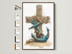 A framed art print hangs on a white wall. It features a blue anchor wrapped in rope against a wooden cross. The frame is a natural brown wood. See all frame options to customize your artwork. Find the perfect frame to complement your home decor.