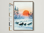 A brown frame displays a winter forest wall art piece. The artwork features a wolf pack in a teal blue landscape. Multiple frame options are visible. Perfect cabin decor or modern home accent.