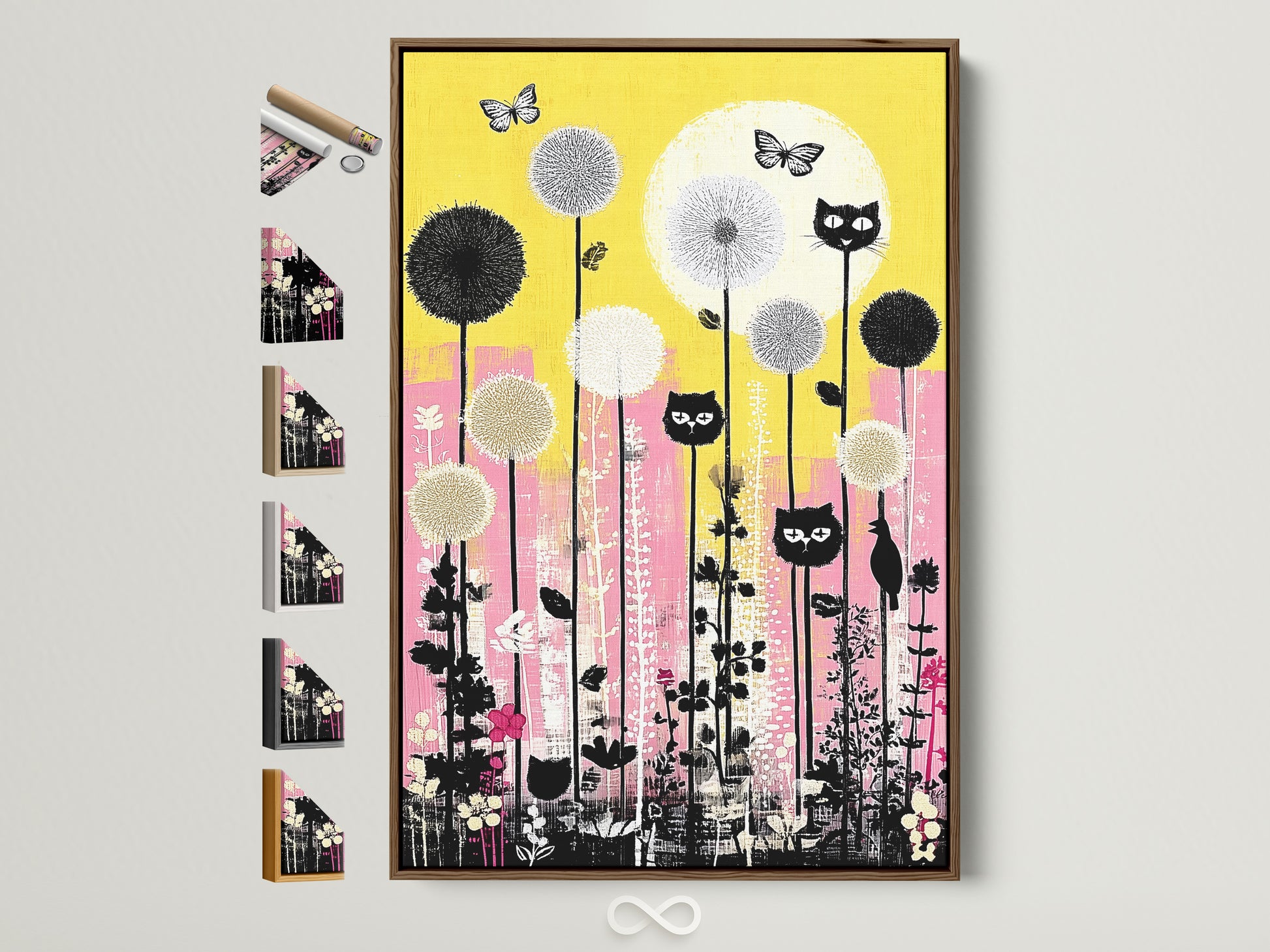 A whimsical cat garden artwork in a brown frame is displayed with other frame options. This playful feline poster features yellow and pink floral elements. Perfect for kids room decor and cat enthusiasts. A gallery of frame choices surrounds the displayed artwork.