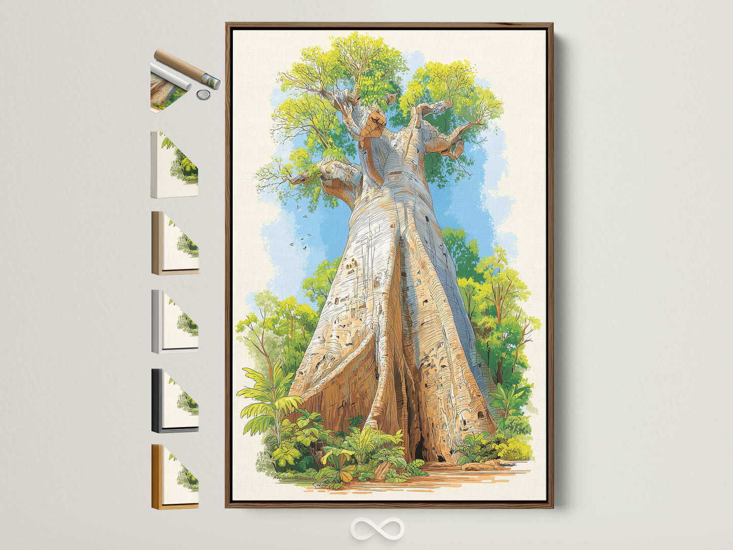 Baobab Tree African Landscape artwork in a brown frame. The artwork is vibrant. Frame options are displayed showcasing available styles. Perfect wall art for modern minimalist homes or offices. This botanical poster adds nature to any space.