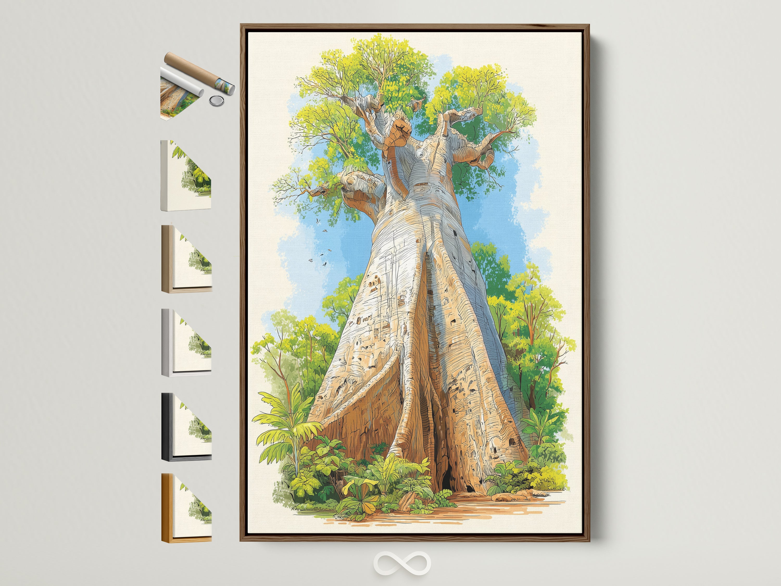 Baobab Tree African Landscape artwork in a brown frame. The artwork is vibrant. Frame options are displayed showcasing available styles. Perfect wall art for modern minimalist homes or offices. This botanical poster adds nature to any space.