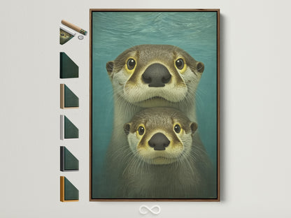 Charming otter family artwork in a brown frame adorns a wall. This cute animal canvas adds a touch of teal blue coastal style to nursery decor. A delightful piece for homeowners renters interior decorators and parents seeking whimsical art.