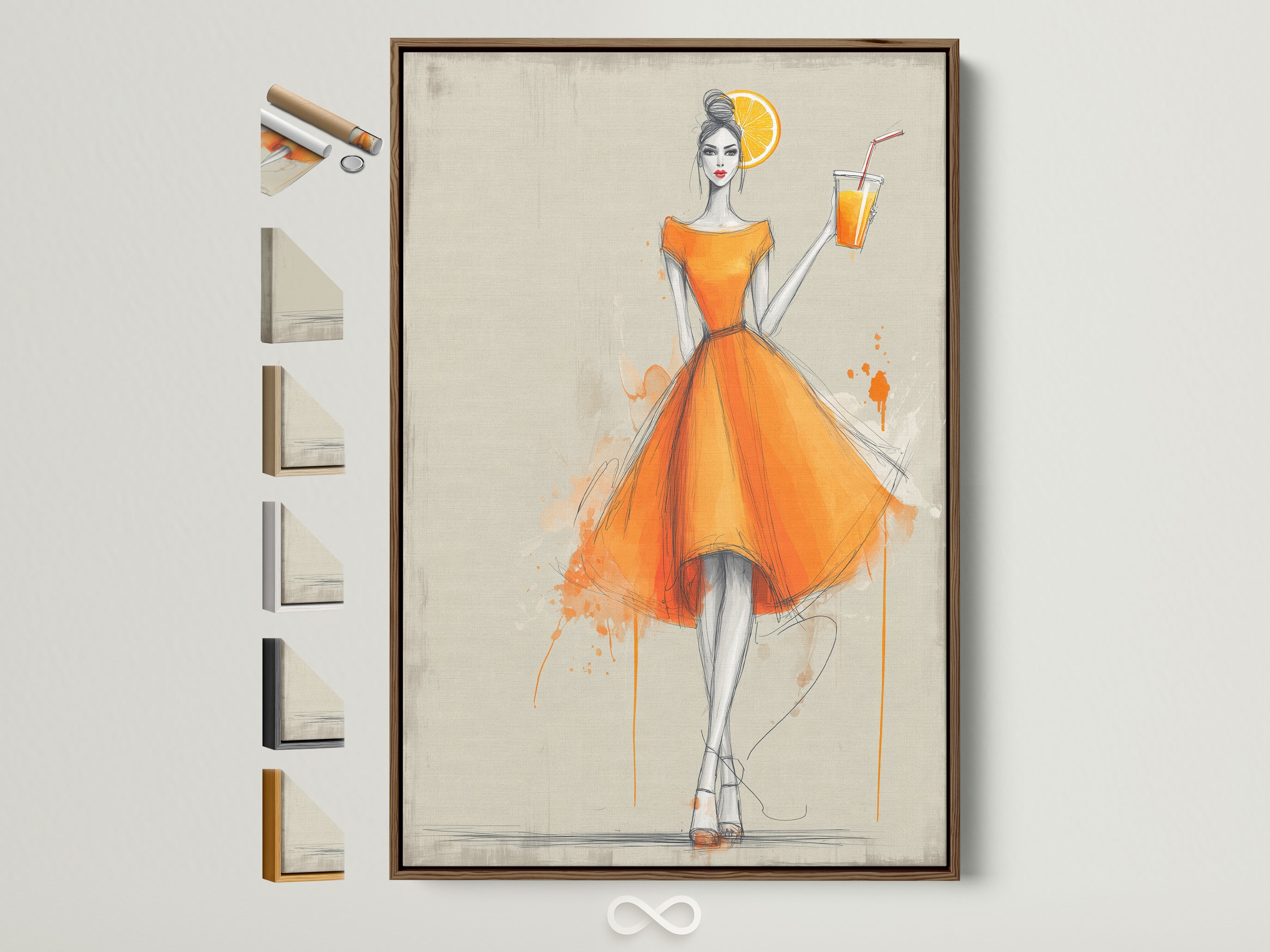 Fashion Illustration Print in a brown frame. The artwork features a chic woman in an orange dress. Frame options are displayed on the side. It is perfect wall art for bedroom decor. A great gift for her.