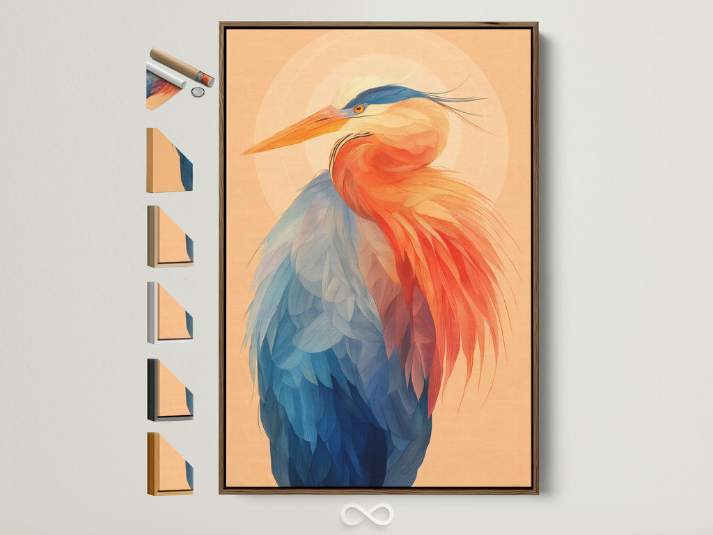 Framed heron art print with frame options displayed. It showcases a coastal bird artwork with blue and orange hues. Perfect avian artwork for adding a modern nature inspired touch to any office or home. Explore frame styles for your heron canvas print. Find the ideal coastal wall art to complement your decor.