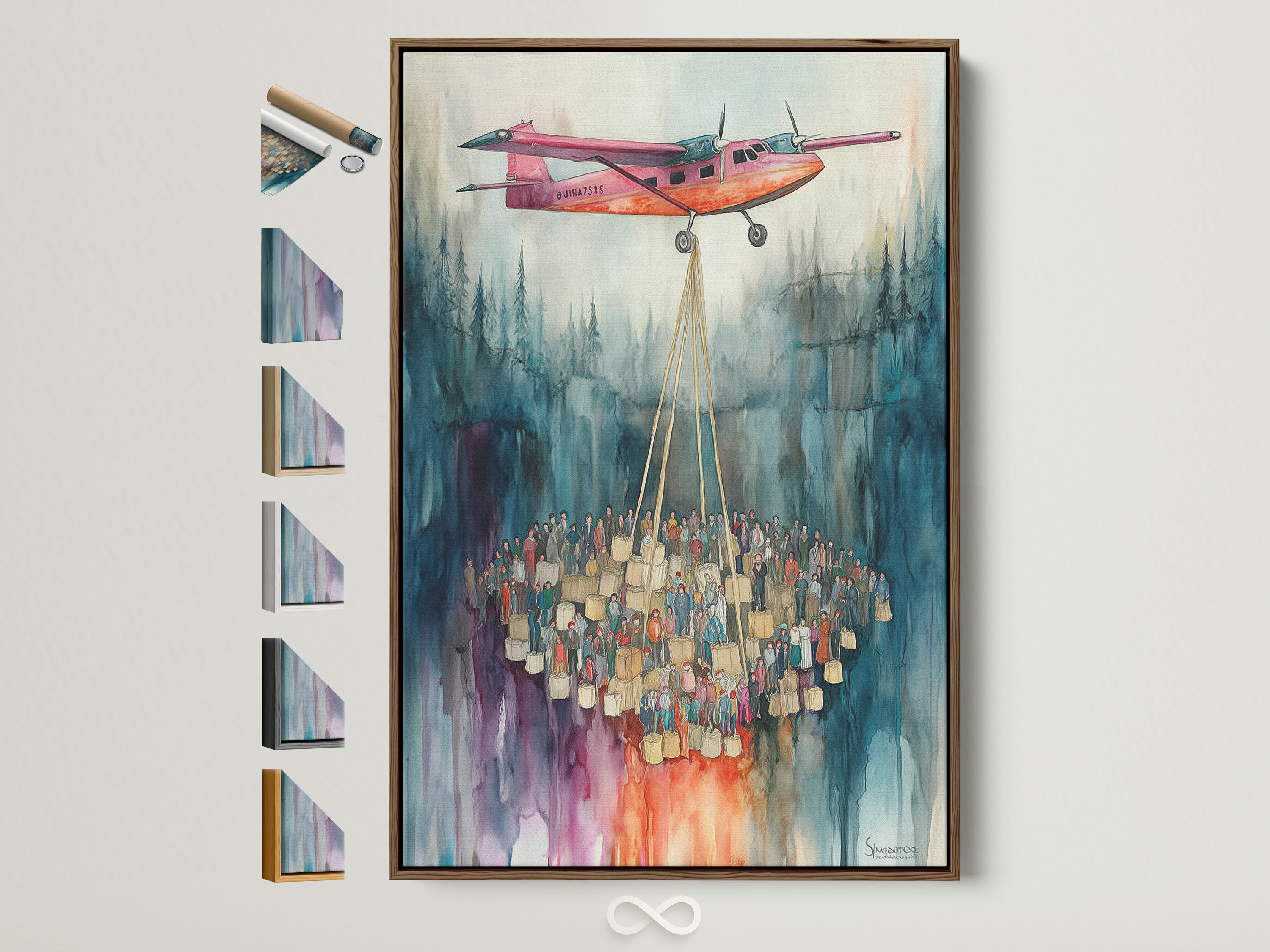 A watercolor airplane artwork hangs on a wall. The artwork is framed in a brown frame. See all available frame options. The artwork features a pink airplane and a crowd of people. This unique aviation poster is perfect for office decor.