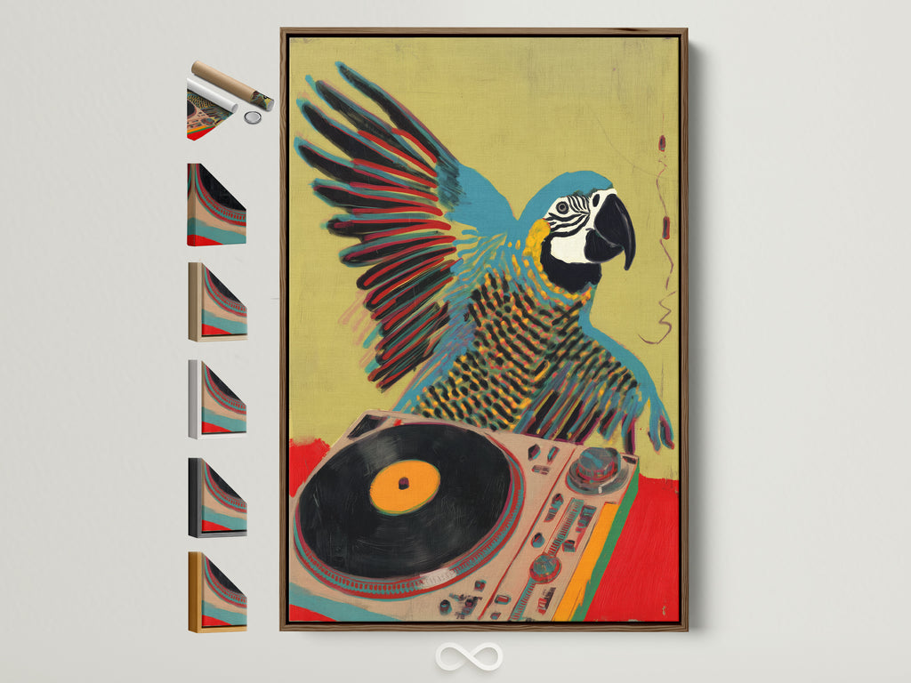 A colorful parrot DJ artwork is displayed in a brown frame. Various frame options are showcased on the side. This image highlights frame choices for vibrant tropical bird music art. See available frame styles.