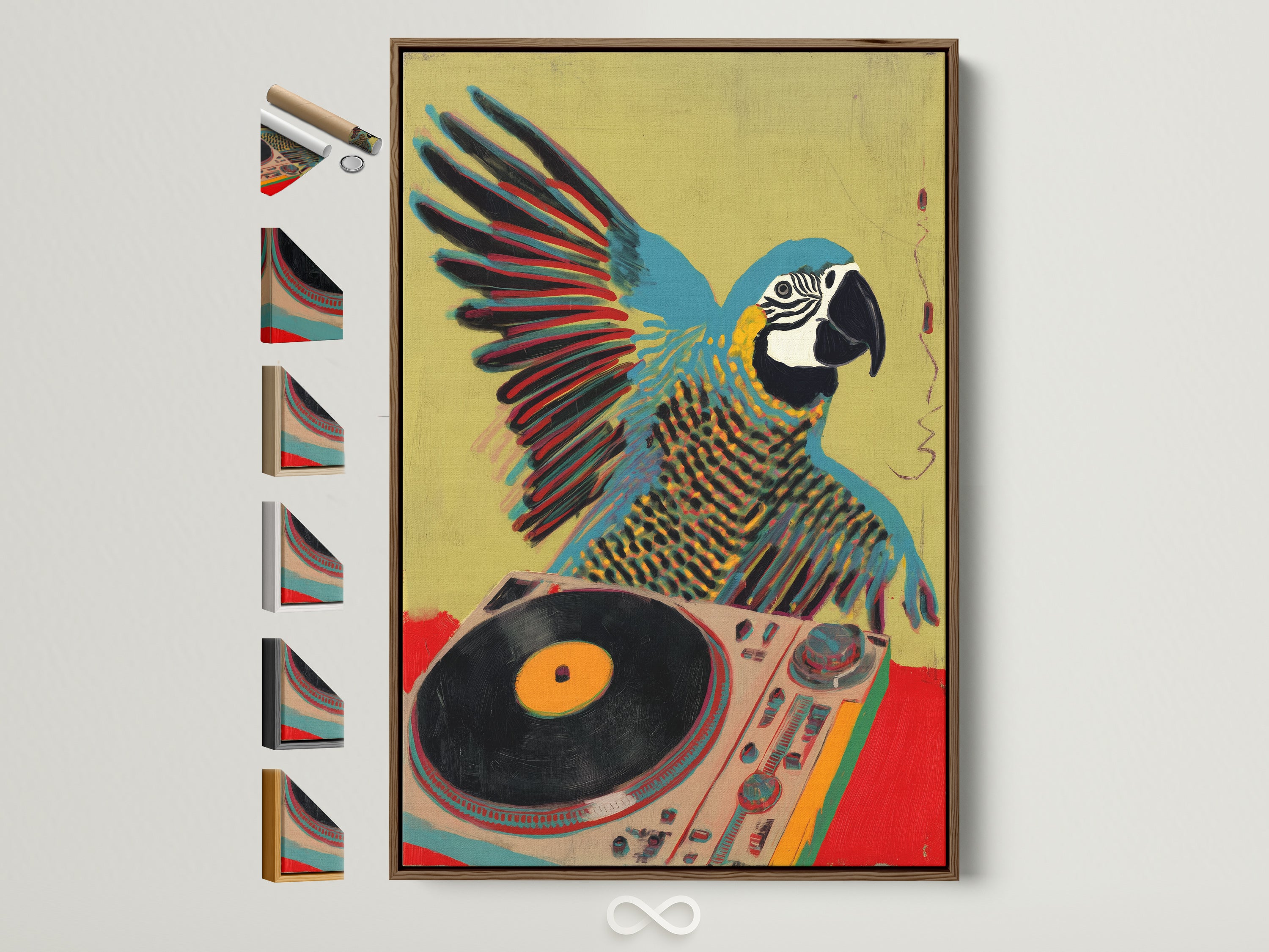 A colorful parrot DJ artwork is displayed in a brown frame. Various frame options are showcased on the side. This image highlights frame choices for vibrant tropical bird music art. See available frame styles.