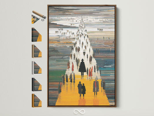Explore framed abstract figures artwork with a brown frame. This modern silhouette wall art features a contemporary yellow orange print. It is ideal for office hallway decor. Discover frame options to enhance your space.