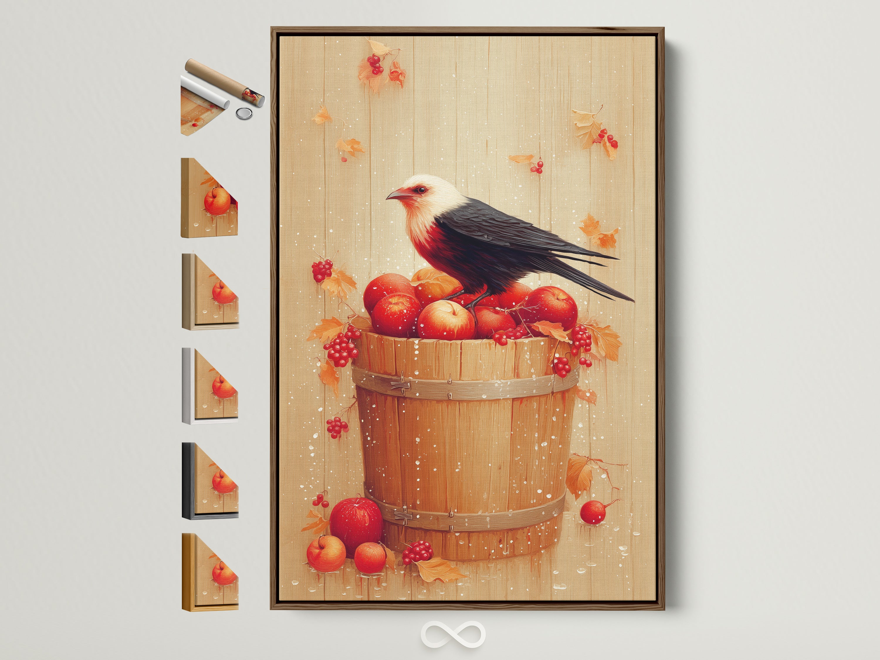 Bird and Apples canvas print with a brown frame. The art piece features a rustic fall still life artwork ideal for a kitchen or dining room. Frame options are displayed on the side. It brings a touch of farmhouse elegance to your space. The print showcases a bird perched on a bucket of apples.
