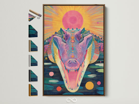 A vibrant psychedelic crocodile artwork is displayed in a brown frame. Various frame options are showcased on the side. This colorful trippy poster adds a funky touch to any room. Perfect for eclectic home decor. The artwork features a surreal animal in a retro psychedelic style.