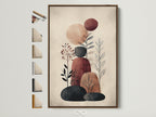 Boho style botanical artwork in a brown frame. The artwork features abstract shapes and plant illustrations in earth tones. See frame options for canvas prints and fine art posters on the side. Ideal for modern minimalist and scandi interiors. Bring nature-inspired artwork to your home decor.