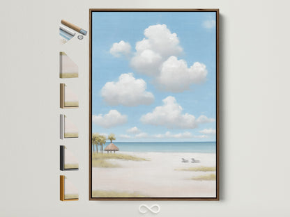 Beach scene artwork in a brown frame. Coastal seascape wall art adds a serene touch. This sky cloud painting is great for bedroom or vacation home decor. See all frame options.