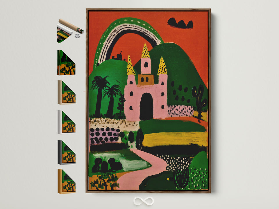 Colorful castle in a green hill landscape—playful folk art for kitchens