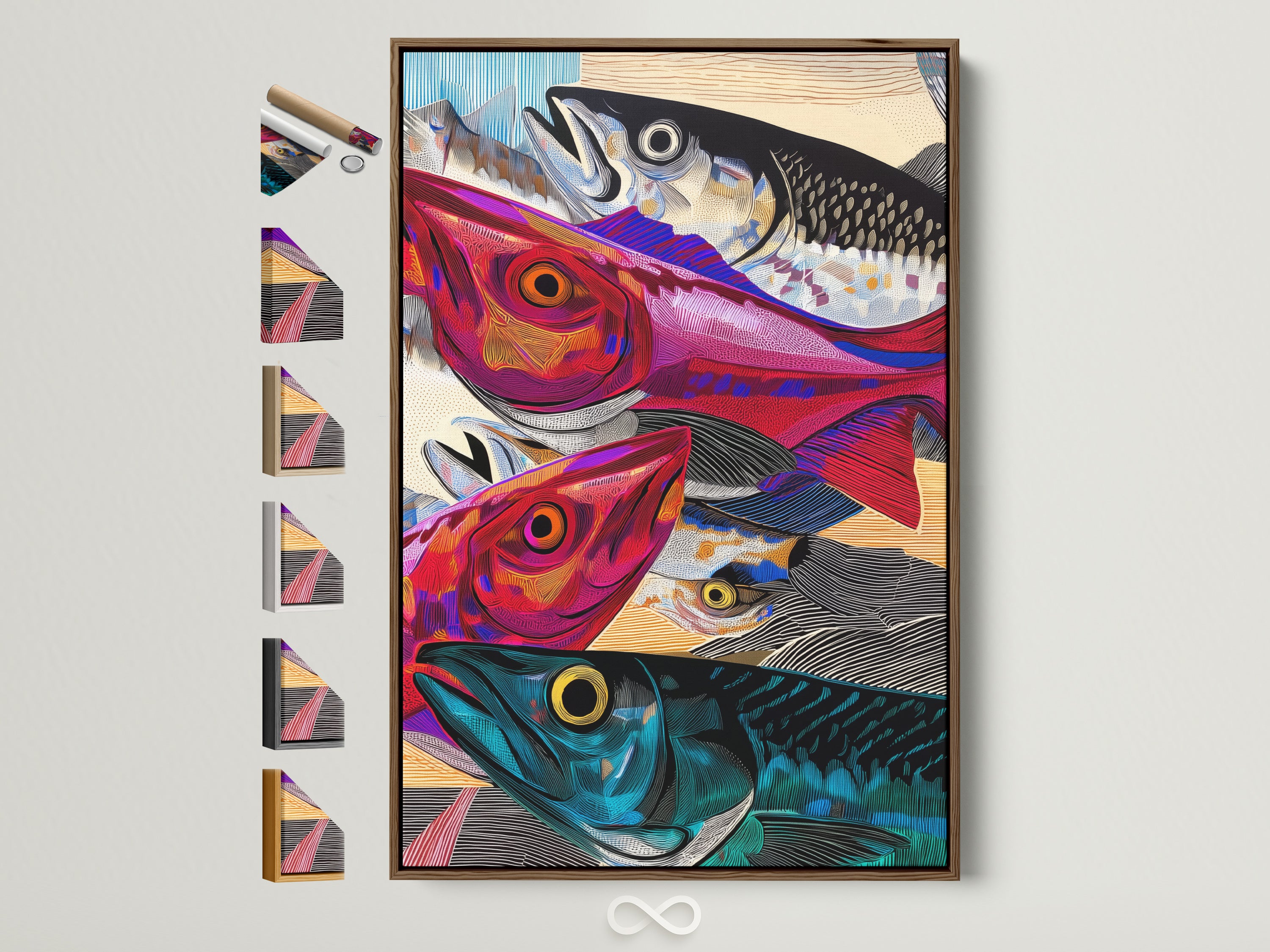 A vibrant colorful fish art print is displayed in a brown frame. The artwork features stacked fish. The frame options are showcased beside it. Perfect modern marine life canvas wall art for any room.
