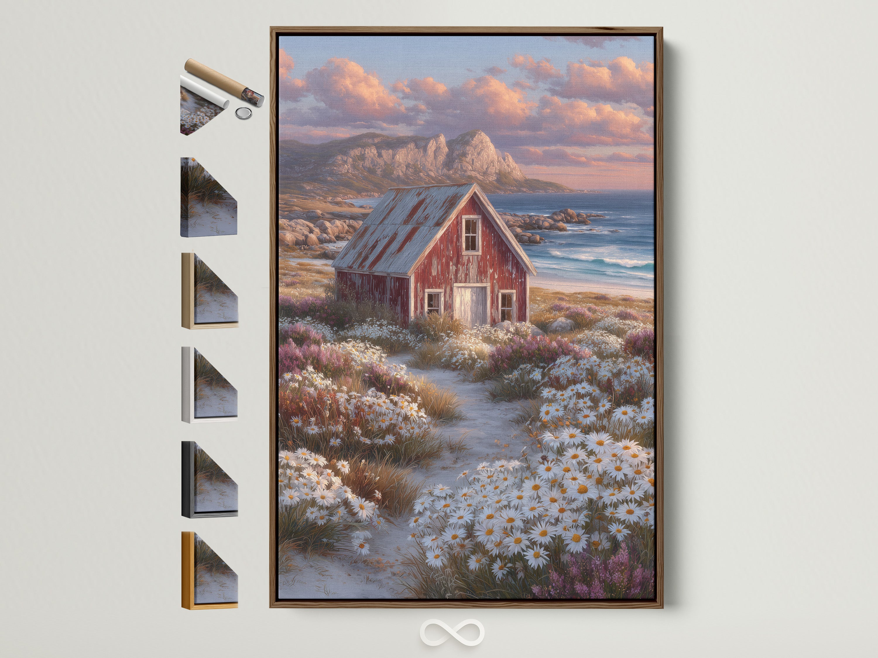 Coastal cottage artwork with a rustic red barn and seaside landscape. The piece is framed in a natural brown wood. Frame options are displayed on the side. Ideal farmhouse bedroom decor. A perfect addition to any coastal decor.