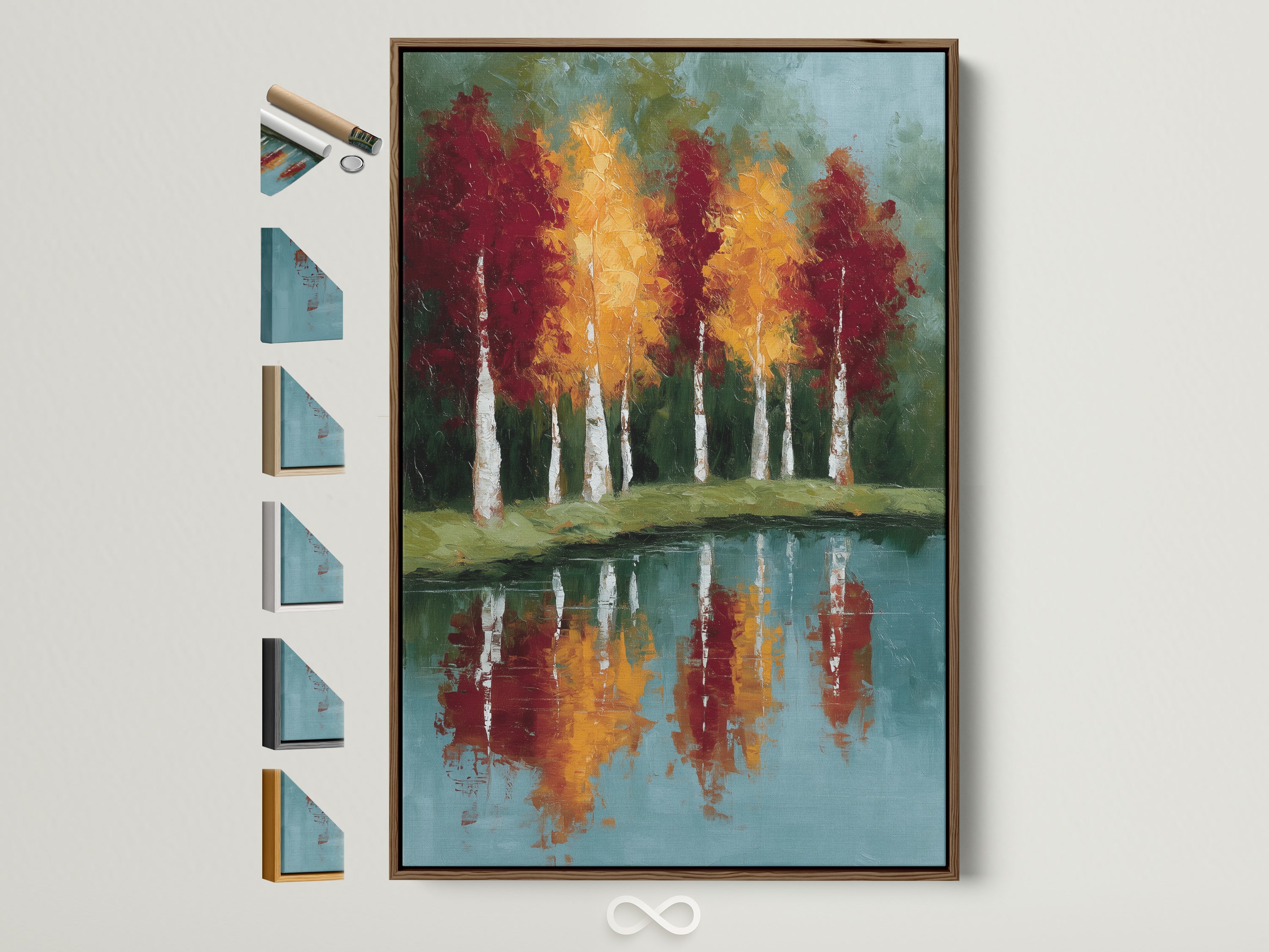 Explore framed autumn trees artwork. This reflected landscape wall art features a teal blue lake painting. Perfect for adding a touch of nature and serenity to your home decor. See all frame options to customize your artwork.