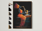Framed jazz saxophone player art in a brown frame. The artwork features abstract music art with colorful lines. Explore frame options to enhance your music room decor with this modern musician art print.