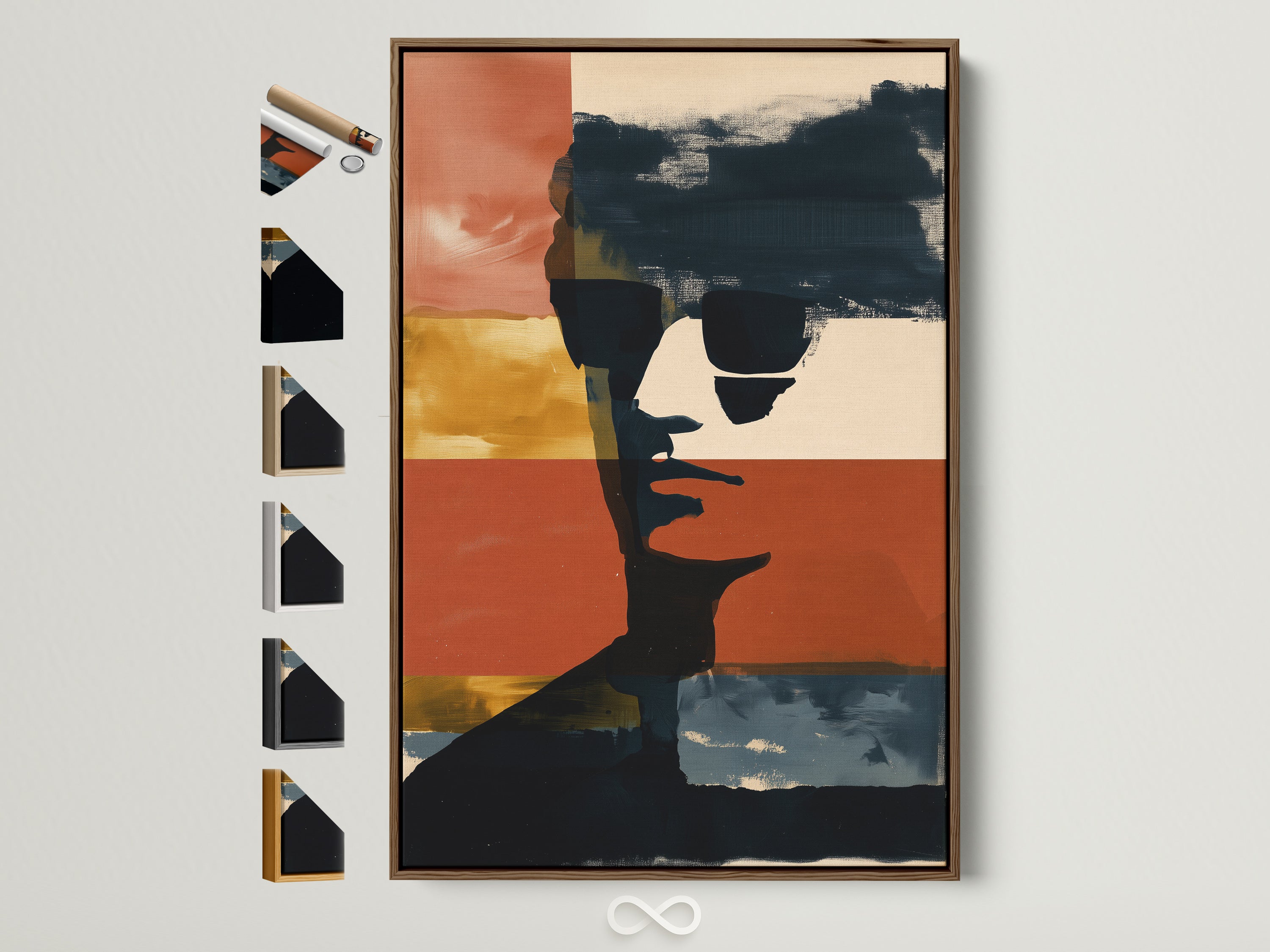 Explore Abstract Portrait Canvas Print framed in a brown frame. This artwork features a modern art wall decor. See all frame options on the side. This piece combines burnt sienna and navy hues. Add a touch of contemporary style to your office or home space.
