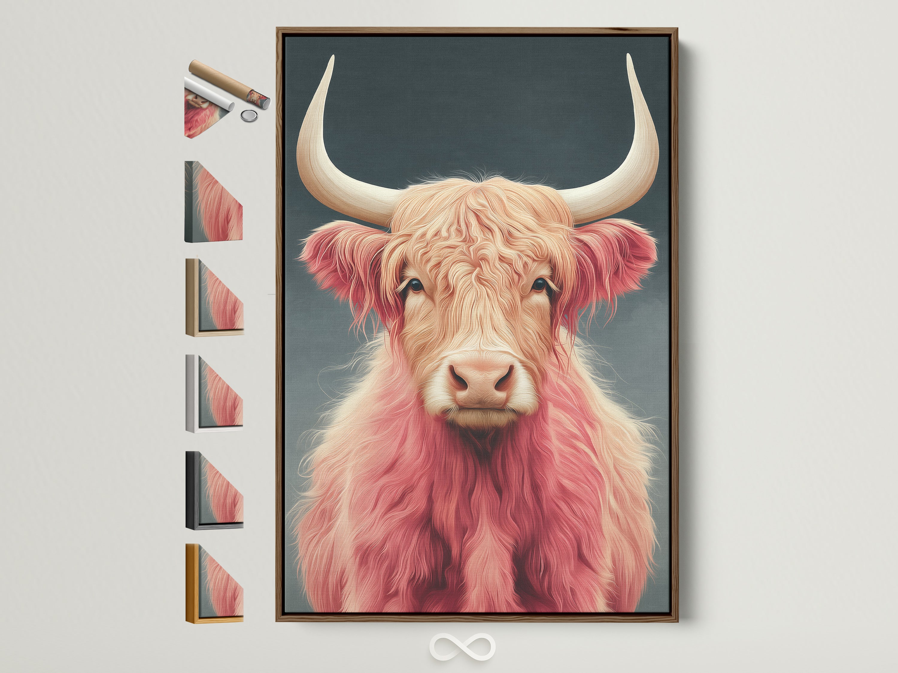 Framed pink Highland Cow artwork. This farmhouse animal artwork features a fluffy cattle portrait. The print is displayed in a brown frame. See all frame options for this rustic home decor.