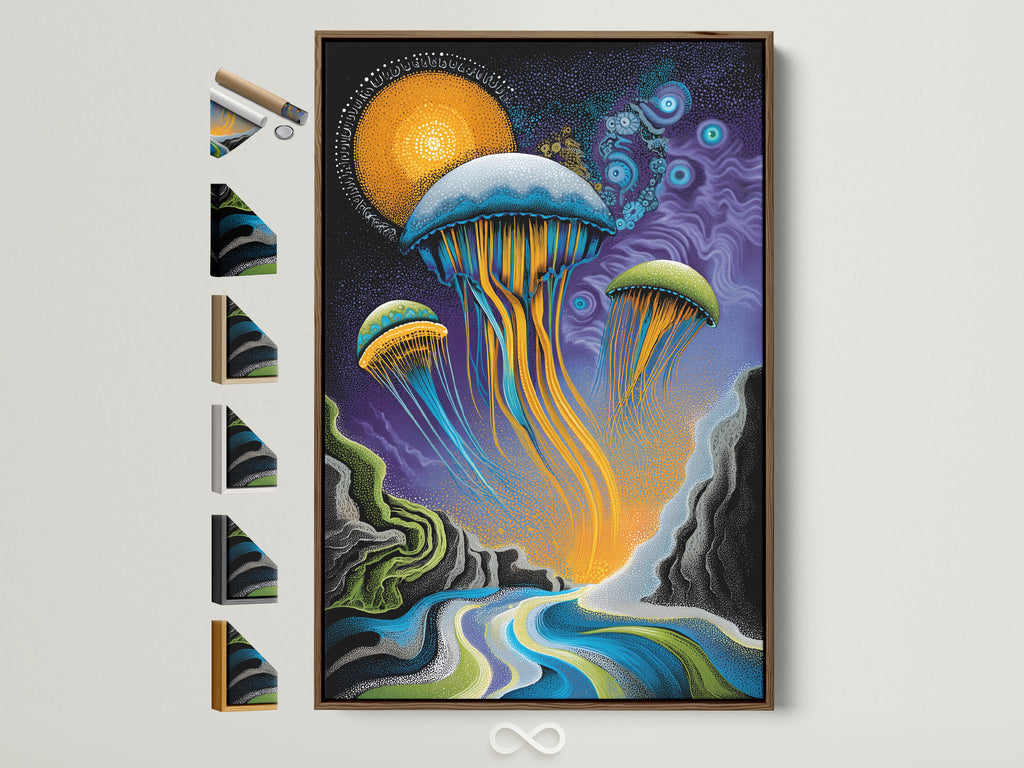 A surreal ocean artwork featuring jellyfish in a modern brown frame. The wall art includes all frame options displayed on the side. Perfect coastal decor for a bedroom or living room. This psychedelic sea poster evokes wonder and tranquility. Ideal for homeowners and interior stylists. Enhance your space with marine artwork.