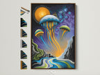 A surreal ocean artwork featuring jellyfish in a modern brown frame. The wall art includes all frame options displayed on the side. Perfect coastal decor for a bedroom or living room. This psychedelic sea poster evokes wonder and tranquility. Ideal for homeowners and interior stylists. Enhance your space with marine artwork.