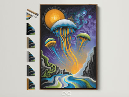 A surreal ocean artwork featuring jellyfish in a modern brown frame. The wall art includes all frame options displayed on the side. Perfect coastal decor for a bedroom or living room. This psychedelic sea poster evokes wonder and tranquility. Ideal for homeowners and interior stylists. Enhance your space with marine artwork.
