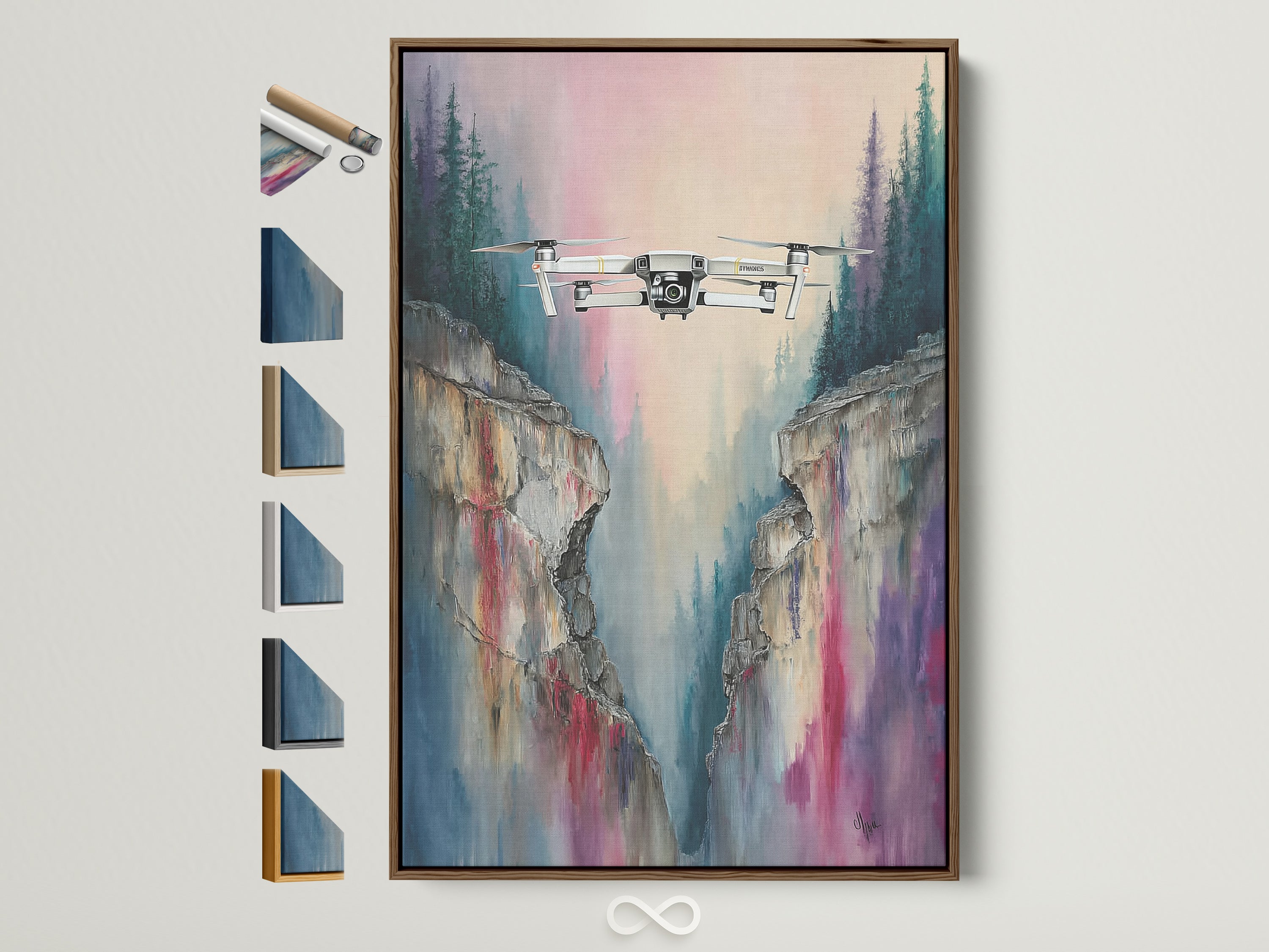Modern drone flight artwork featuring a mountain cliff view. The artwork is displayed in a brown frame. This aerial view photography adds a contemporary touch to any space. Perfect for office wall decor or home art. Explore frame options to match your style.