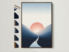 Sunset Silhouette artwork with a brown frame is displayed alongside frame options. This minimalist mountain wall art adds a serene touch to any room. Explore frame choices to customize your coastal sunrise artwork. Perfect for elevating office decor and home interiors with a contemporary style.