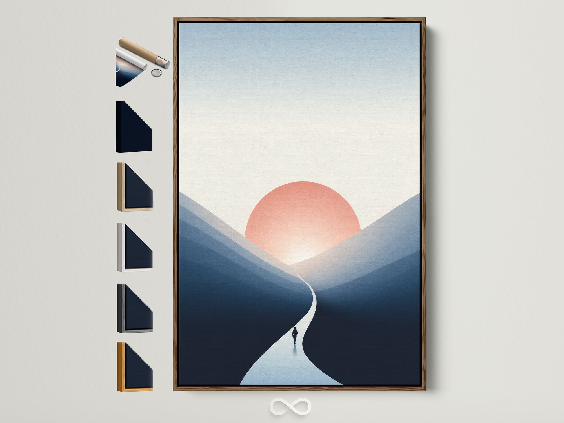Sunset Silhouette artwork with a brown frame is displayed alongside frame options. This minimalist mountain wall art adds a serene touch to any room. Explore frame choices to customize your coastal sunrise artwork. Perfect for elevating office decor and home interiors with a contemporary style.