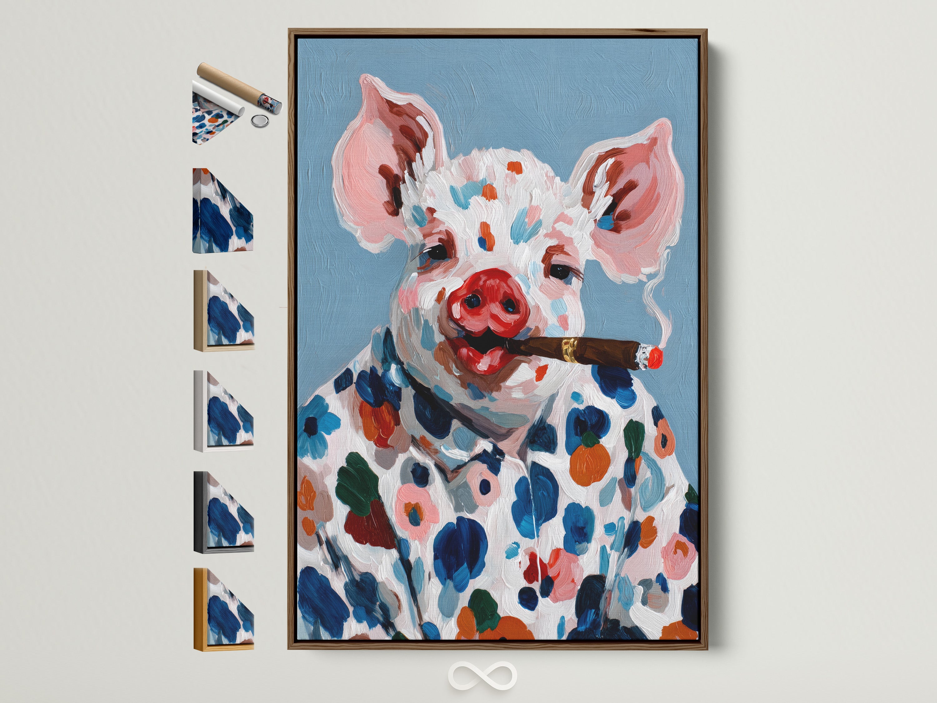 A framed pig art canvas print is displayed with a brown frame. The artwork features a colorful farm animal with a cigar. Various frame options are visible on the side. This whimsical kitchen decor adds a quirky touch to any home. It's perfect for those seeking unique animal artwork.
