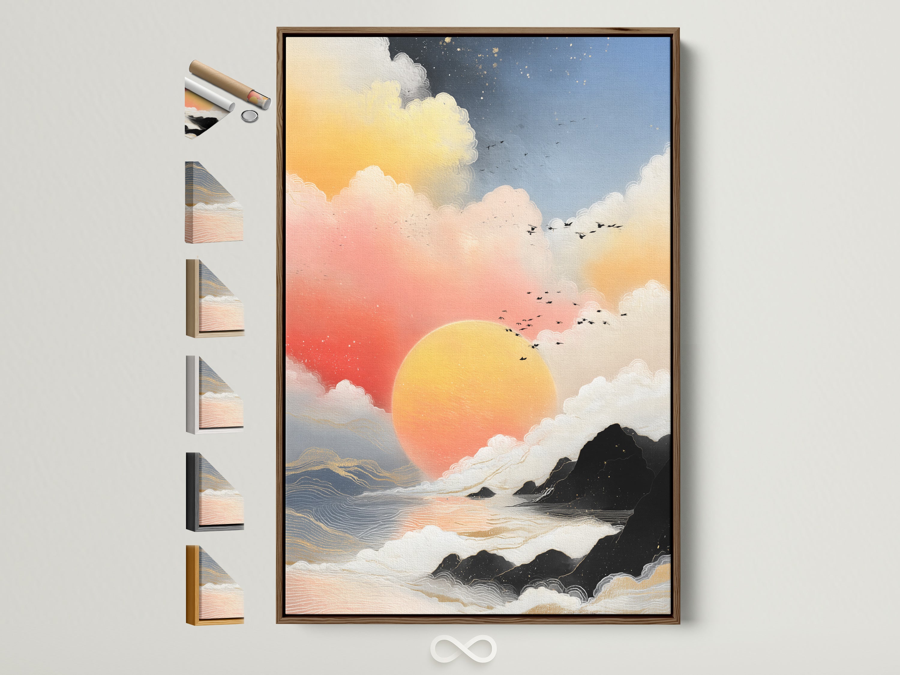 Sunrise Seascape canvas print in a brown frame. This coastal wall art features an abstract cloudscape. Perfect peach and teal decor for an entryway. Explore framed artwork options.