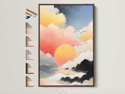 Sunrise Seascape canvas print in a brown frame. This coastal wall art features an abstract cloudscape. Perfect peach and teal decor for an entryway. Explore framed artwork options.