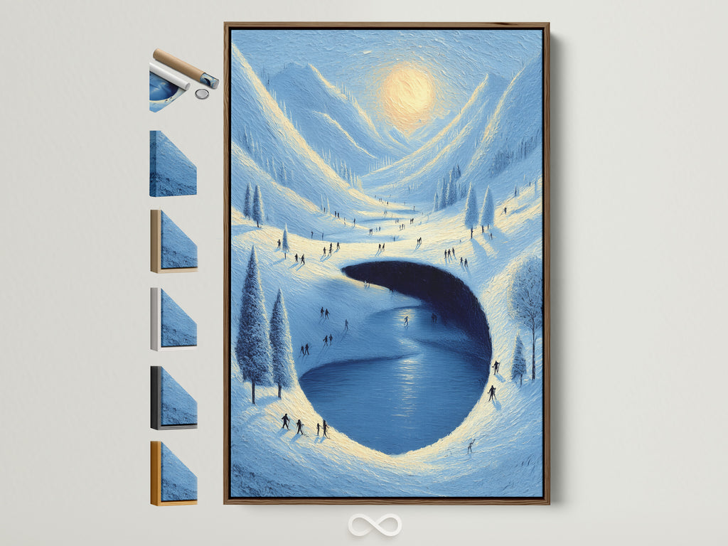 Winter Landscape artwork with a brown frame displayed on a wall. You can see all the available frame options on the side. This snowy mountain lake wall art brings a touch of nature to your bedroom wall decor.