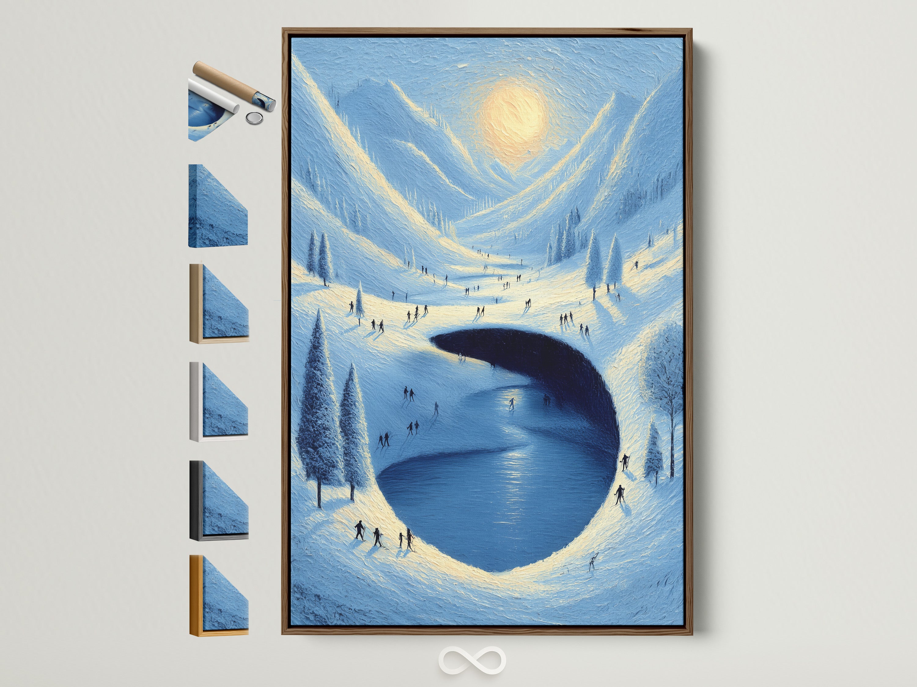 Winter Landscape artwork with a brown frame displayed on a wall. You can see all the available frame options on the side. This snowy mountain lake wall art brings a touch of nature to your bedroom wall decor.