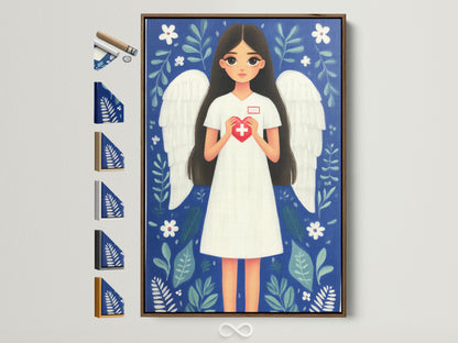 Nurse Angel artwork displayed in a brown frame. This shows all frame color options available for the canvas print. The artwork features a nurse with angel wings holding a heart with a medical cross. This fine art is perfect for medical office decor or as a nurse appreciation gift.