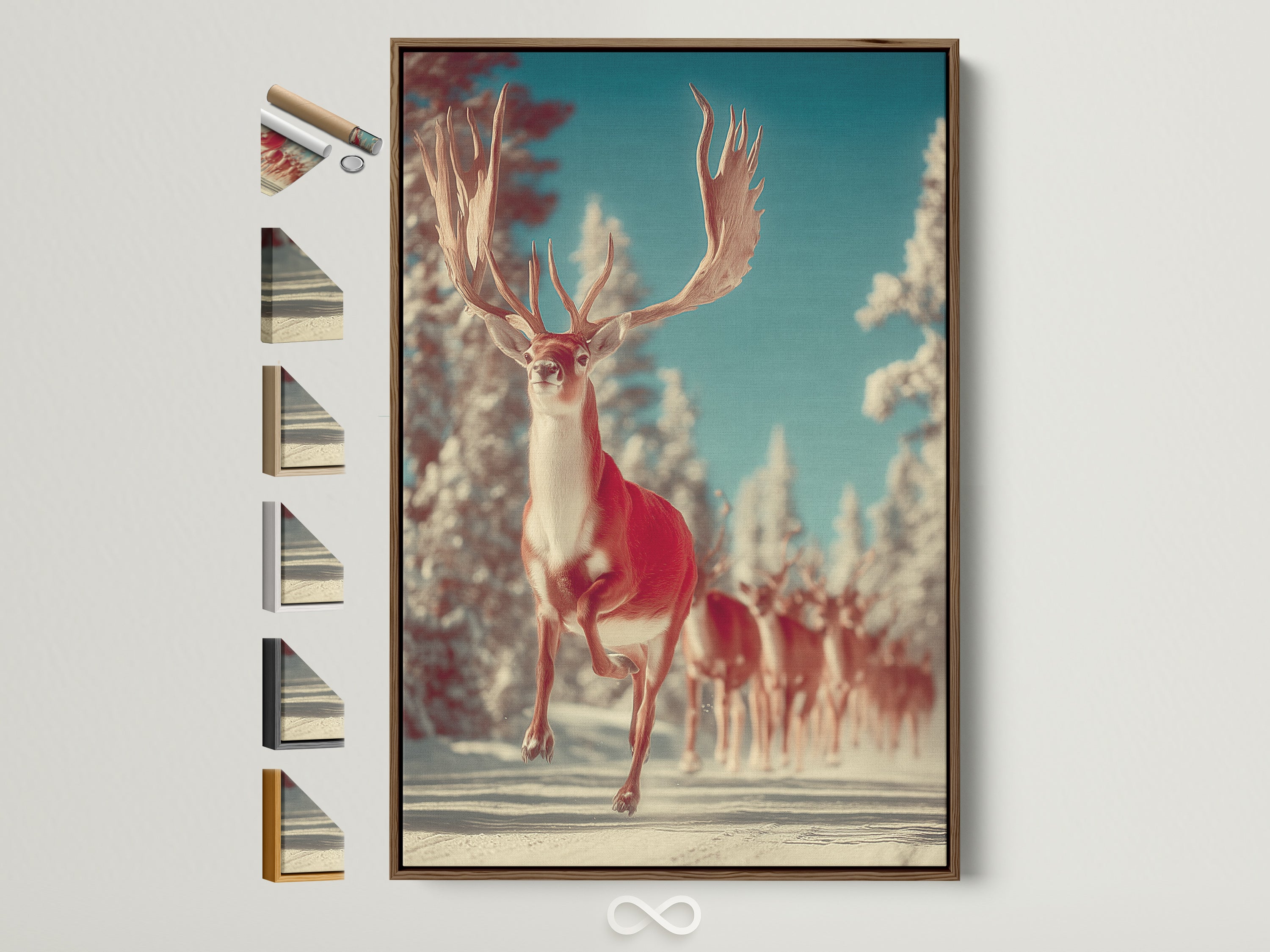 Winter Deer canvas art in a brown frame hangs on a white wall. This Nordic style wall art adds a touch of snowy animal artwork to your cabin decor. Frame options are displayed. Perfect rustic artwork for homeowners and business owners.
