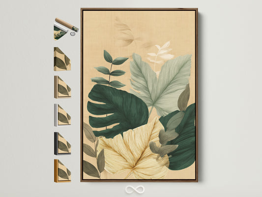 Framed artwork featuring botanical leaves. The brown frame complements the art beautifully. See available frame options to enhance your art. Choose the perfect frame style.