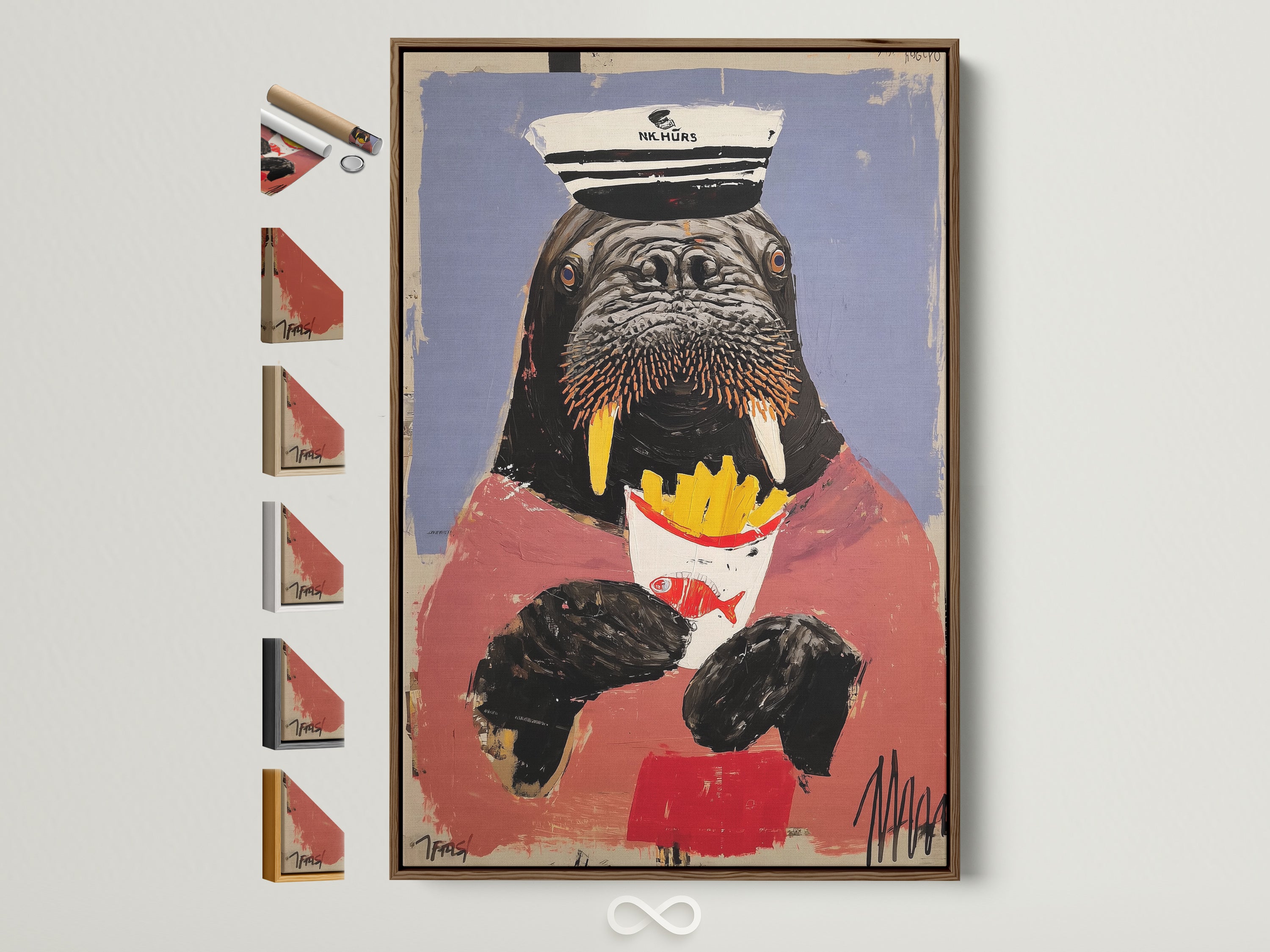 A walrus captain art print is displayed in a brown frame. The artwork shows a walrus wearing a sailor hat and holding fries. Frame options are visible on the side. This quirky animal wall art adds charm to any room. Consider it for your kitchen or dining area.