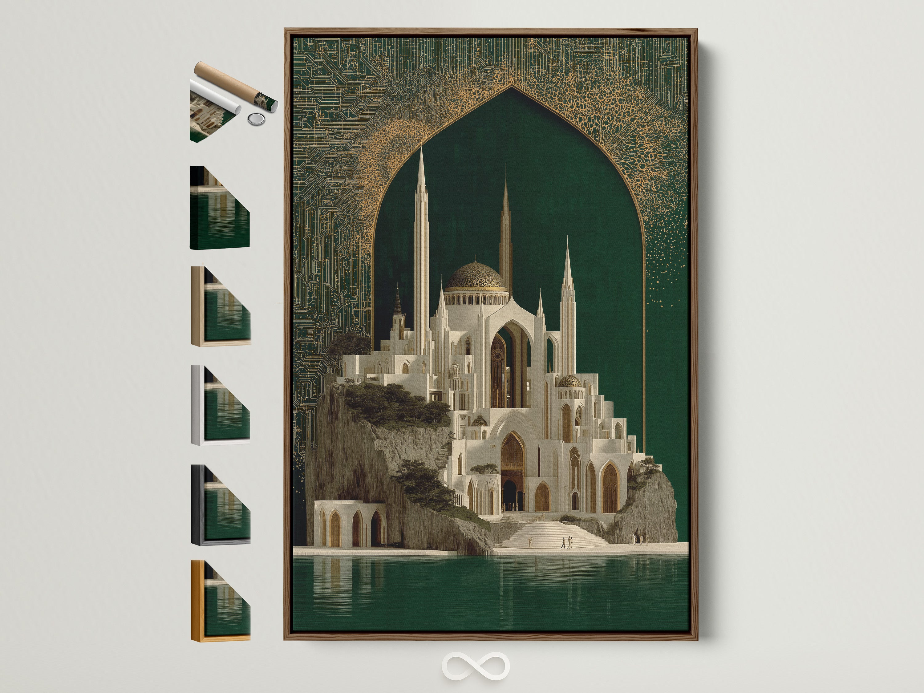 A framed Islamic Architecture Canvas Artwork with a brown frame is displayed. The artwork showcases a beautiful mosque with emerald green and gold accents. Frame options are visible. Perfect for adding cultural elegance to any room. Find the ideal frame to complement your islamic art print and home decor.